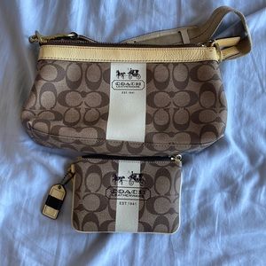 Brown and cream Coach small purse and wristlet